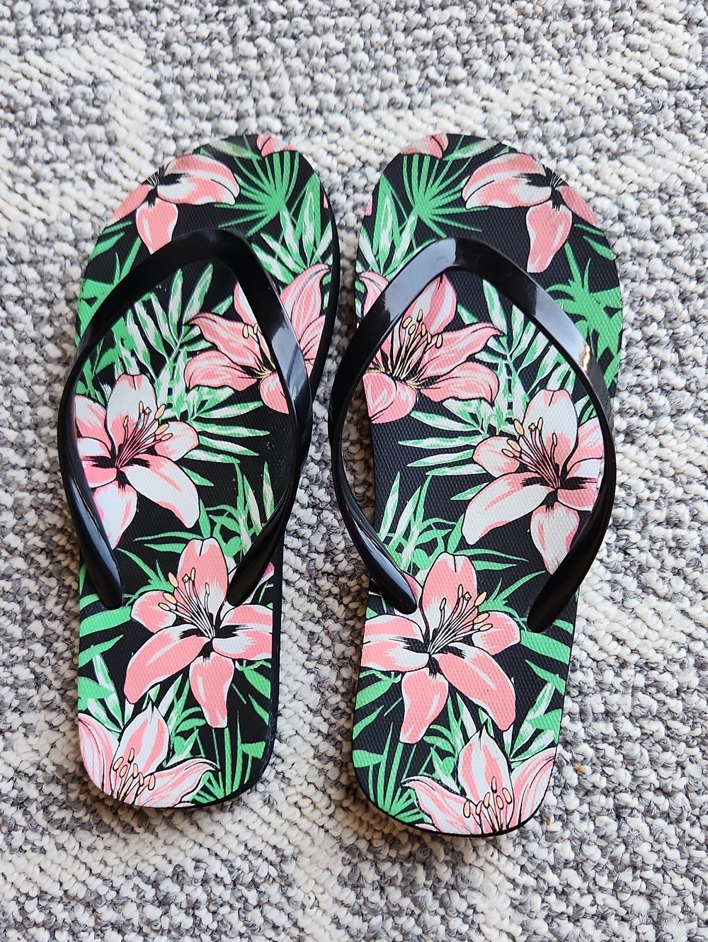 Black Floral Flip Flops with Pink Lily Print